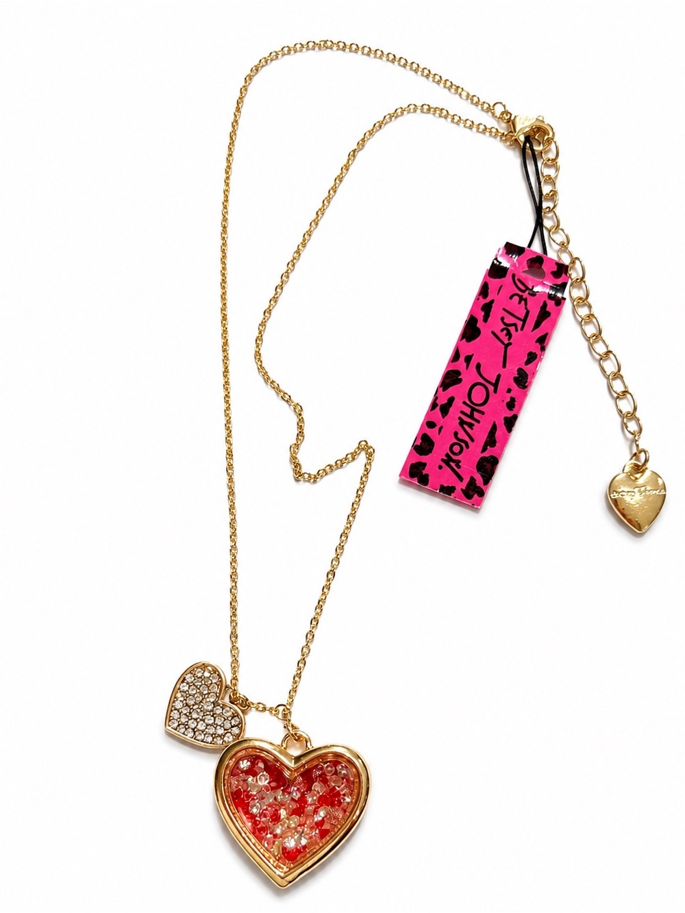 NWT Betsey Johnson Gold-tone Dual Heart Pendant Necklace with Pink Glitter